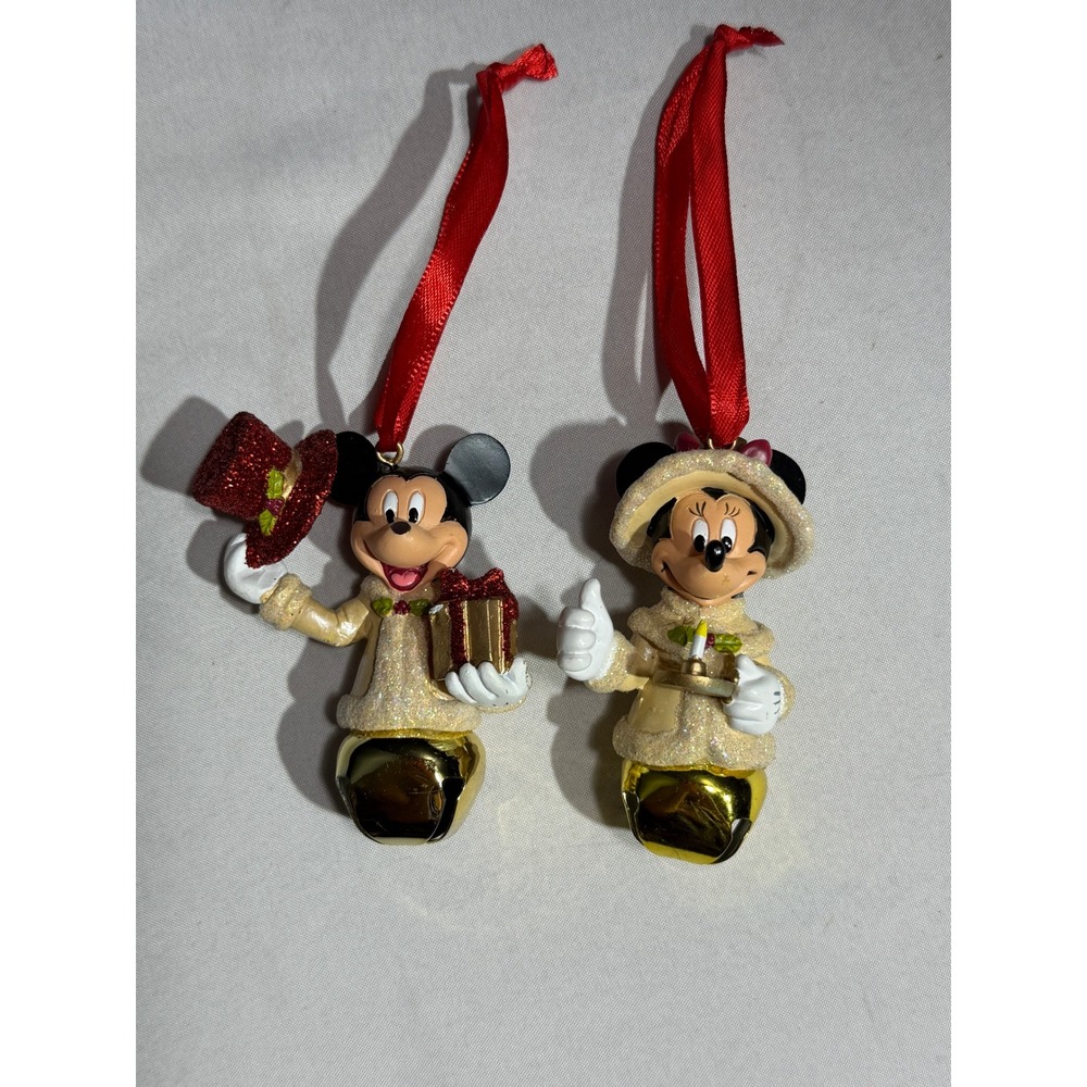 Disney Mickey and Minnie Mouse Jingle Bell Christmas Ornaments Set of 2 Gold Red